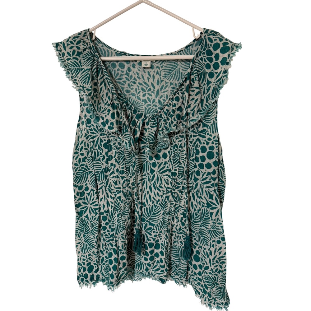 Sundance Womens Teal White Botanical Cotton Ruffle Tassel Blouse Small RN106205
